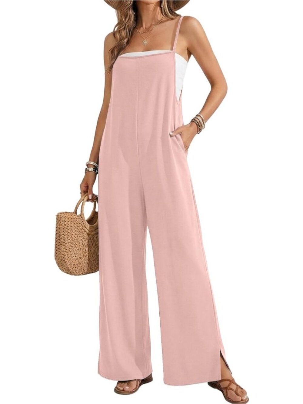 Women's Jumpsuits Pink Casual Summer Wide Leg Sleeveless Rompers With Pockets